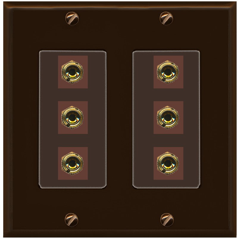 RiteAV 6 Banana 3 Speaker Surround Female Coupler Binding Post Wall Plate - 2 Gang [Brown/Brown]