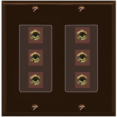 RiteAV 6 Banana 3 Speaker Surround Female Coupler Binding Post Wall Plate - 2 Gang [Brown/Brown]