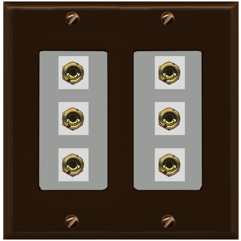 RiteAV 6 Banana 3 Speaker Surround Female Coupler Binding Post Wall Plate - 2 Gang [Brown/Gray]