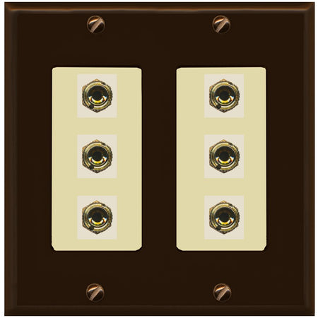 RiteAV 6 Banana 3 Speaker Surround Female Coupler Binding Post Wall Plate - 2 Gang [Brown/Ivory]