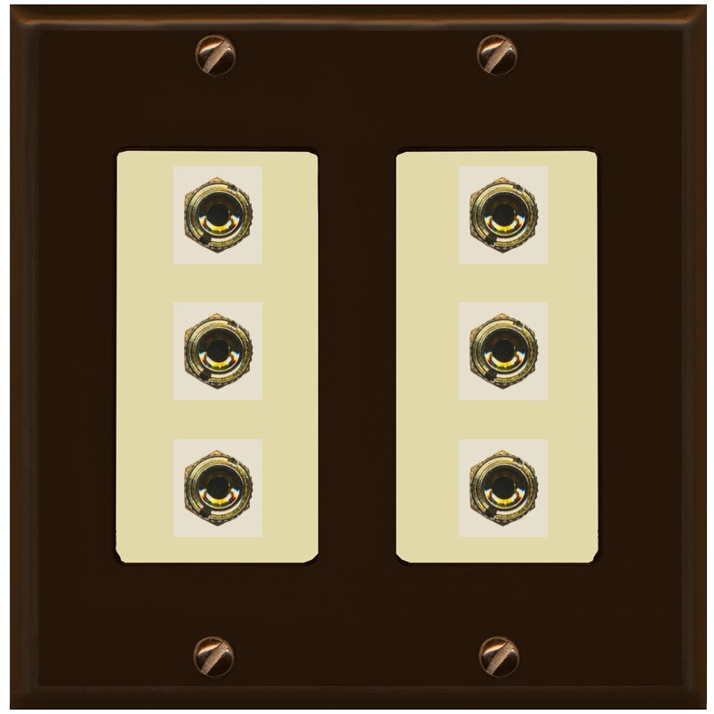 RiteAV 6 Banana 3 Speaker Surround Female Coupler Binding Post Wall Plate - 2 Gang [Brown/Ivory]