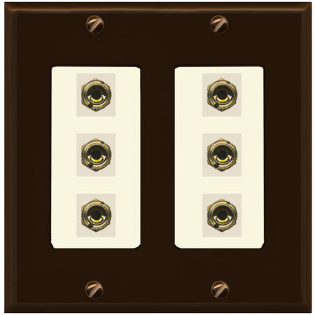 RiteAV 6 Banana 3 Speaker Surround Female Coupler Binding Post Wall Plate - 2 Gang [Brown/Light-Almond]