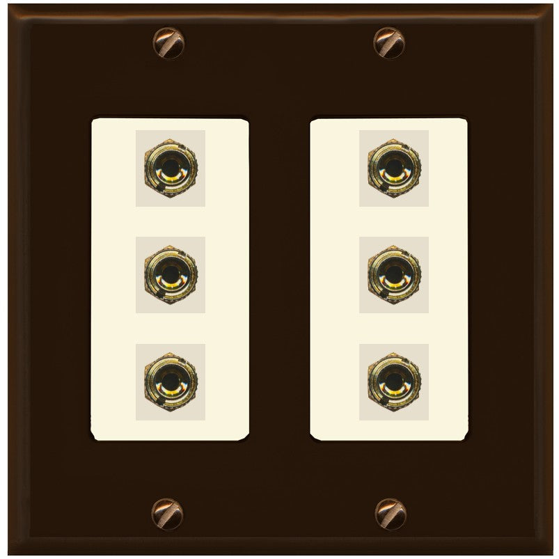 RiteAV 6 Banana 3 Speaker Surround Female Coupler Binding Post Wall Plate - 2 Gang [Brown/Light-Almond]