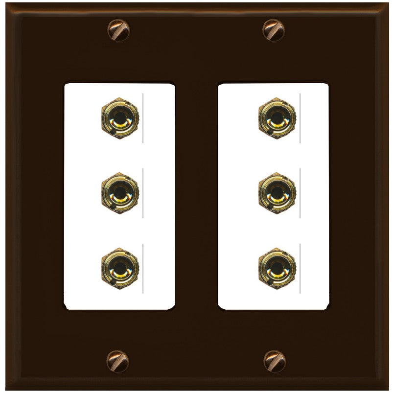 RiteAV 6 Banana 3 Speaker Surround Female Coupler Binding Post Wall Plate - 2 Gang [Brown/White]