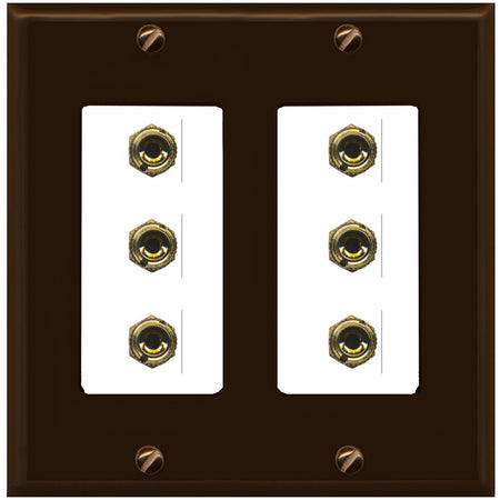 RiteAV 6 Banana 3 Speaker Surround Female Coupler Binding Post Wall Plate - 2 Gang [Brown/White]