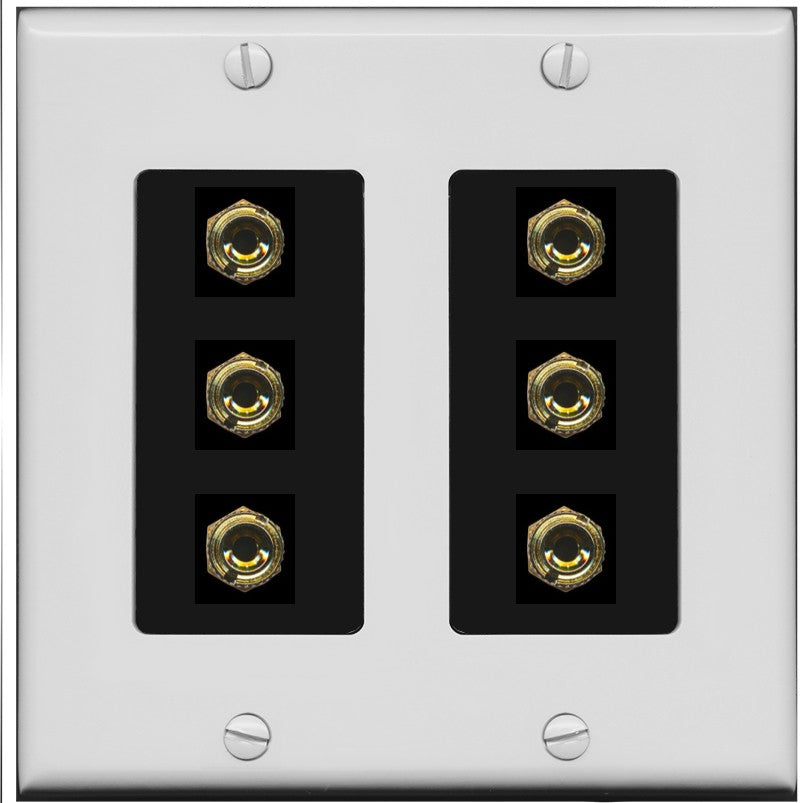 RiteAV 6 Banana 3 Speaker Surround Female Coupler Binding Post Wall Plate - 2 Gang [Gray/Black]