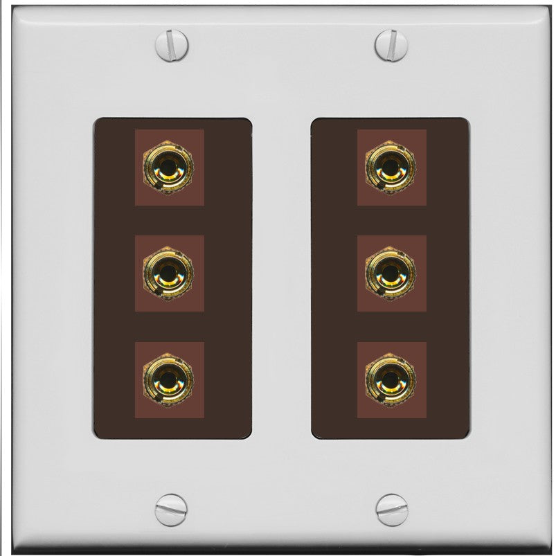 RiteAV 6 Banana 3 Speaker Surround Female Coupler Binding Post Wall Plate - 2 Gang [Gray/Brown]