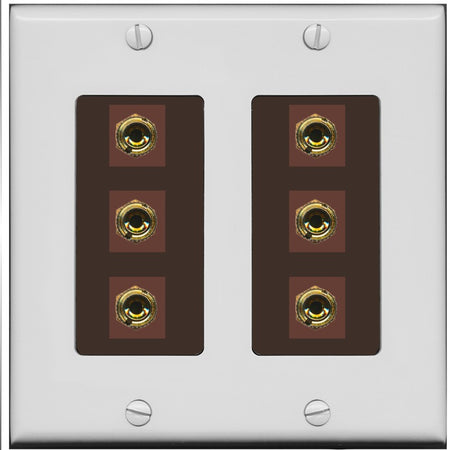 RiteAV 6 Banana 3 Speaker Surround Female Coupler Binding Post Wall Plate - 2 Gang [Gray/Brown]