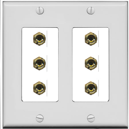 RiteAV 6 Banana 3 Speaker Surround Female Coupler Binding Post Wall Plate - 2 Gang [Gray/White]