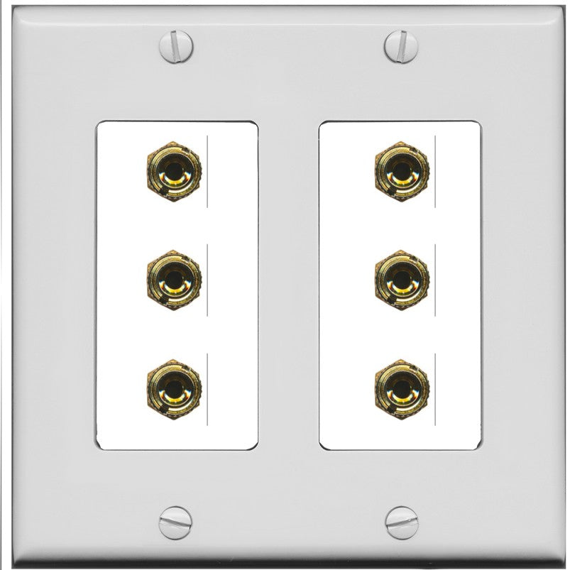 RiteAV 6 Banana 3 Speaker Surround Female Coupler Binding Post Wall Plate - 2 Gang [Gray/White]
