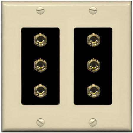 RiteAV 6 Banana 3 Speaker Surround Female Coupler Binding Post Wall Plate - 2 Gang [Ivory/Black]