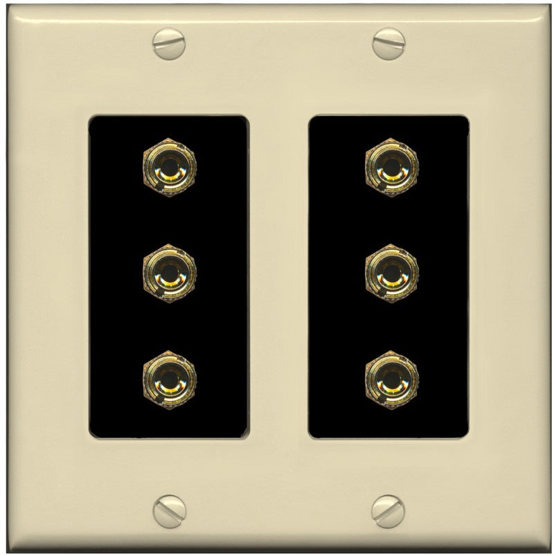 RiteAV 6 Banana 3 Speaker Surround Female Coupler Binding Post Wall Plate - 2 Gang [Ivory/Black]