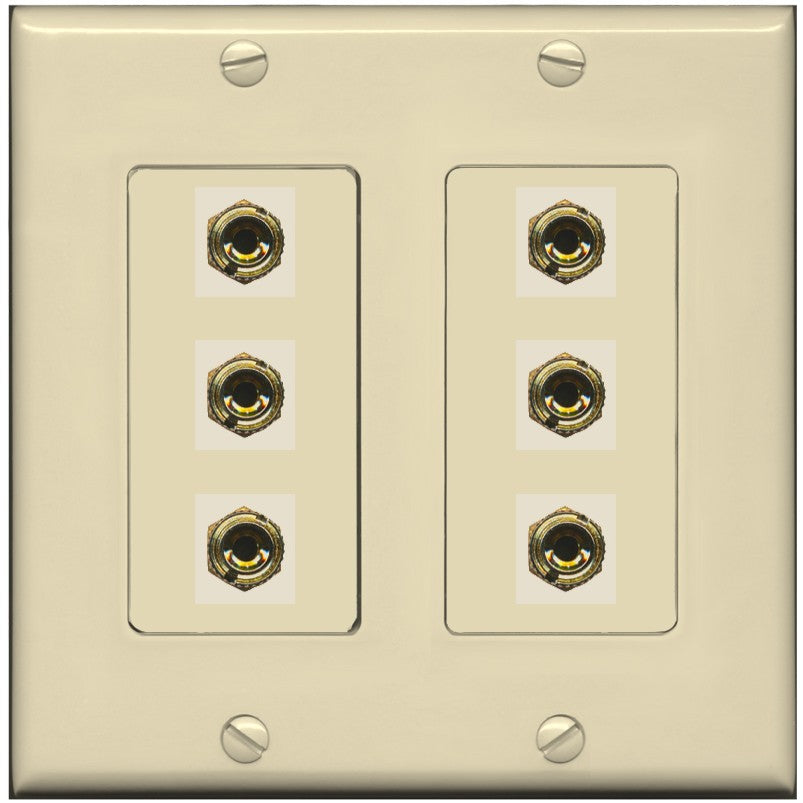 RiteAV 6 Banana 3 Speaker Surround Female Coupler Binding Post Wall Plate - 2 Gang [Ivory/Ivory]