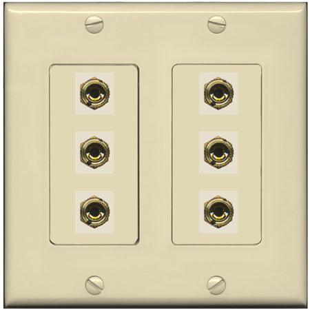 RiteAV 6 Banana 3 Speaker Surround Female Coupler Binding Post Wall Plate - 2 Gang [Ivory/Ivory]