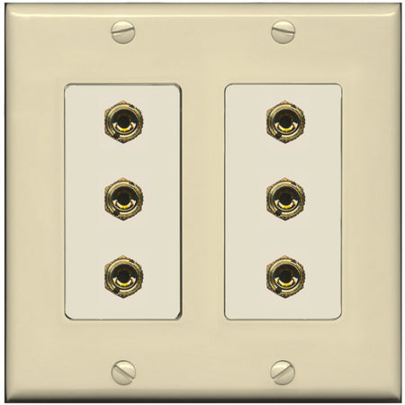 RiteAV 6 Banana 3 Speaker Surround Female Coupler Binding Post Wall Plate - 2 Gang [Ivory/Light-Almond]