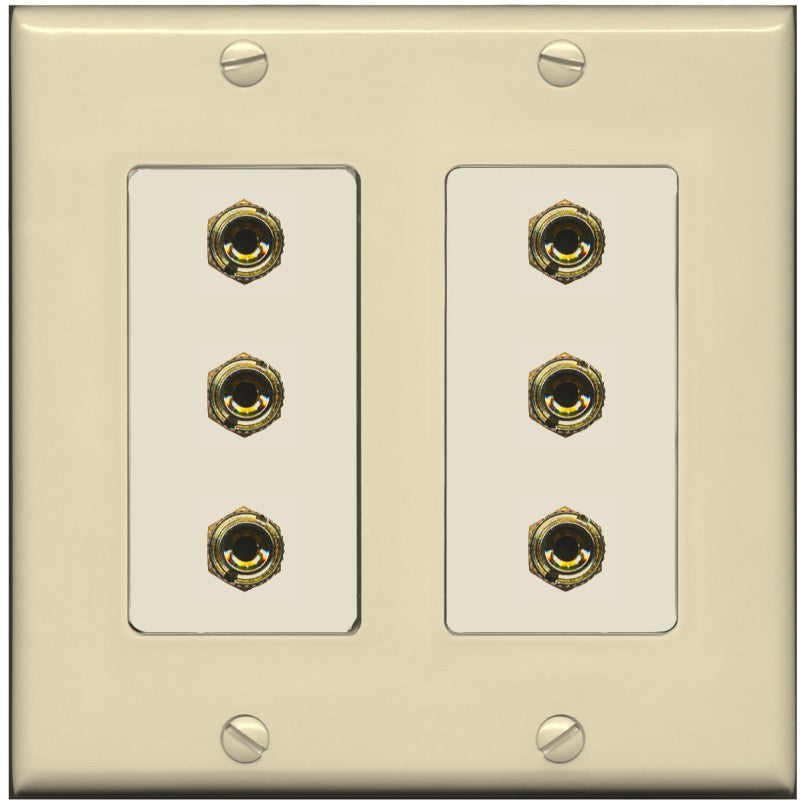 RiteAV 6 Banana 3 Speaker Surround Female Coupler Binding Post Wall Plate - 2 Gang [Ivory/Light-Almond]