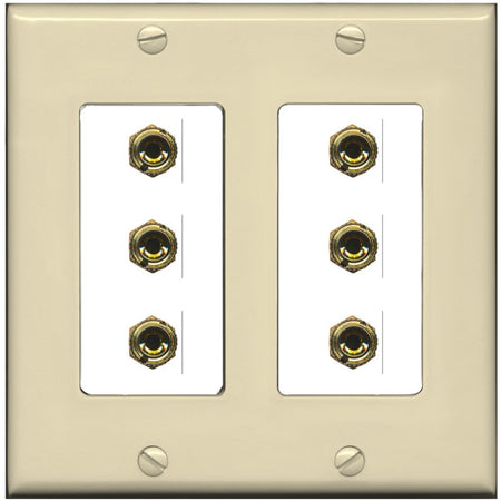 RiteAV 6 Banana 3 Speaker Surround Female Coupler Binding Post Wall Plate - 2 Gang [Ivory/White]