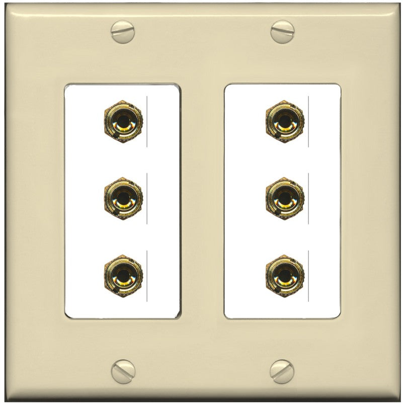 RiteAV 6 Banana 3 Speaker Surround Female Coupler Binding Post Wall Plate - 2 Gang [Ivory/White]