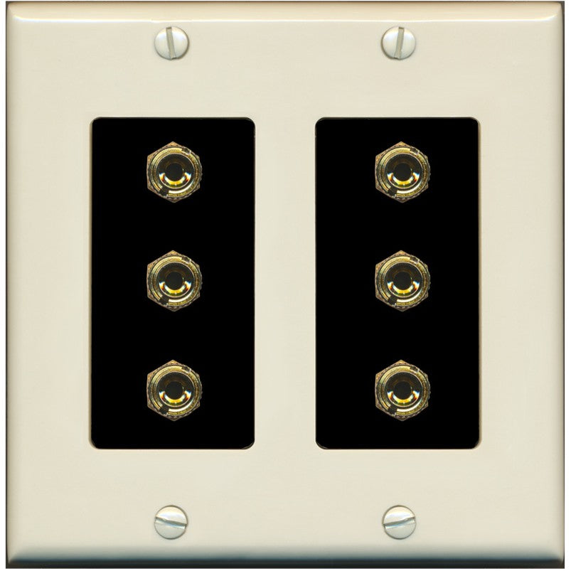 RiteAV 6 Banana 3 Speaker Surround Female Coupler Binding Post Wall Plate - 2 Gang [Light-Almond/Black]