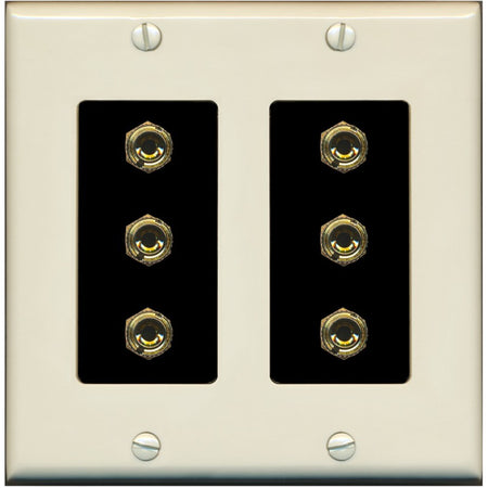 RiteAV 6 Banana 3 Speaker Surround Female Coupler Binding Post Wall Plate - 2 Gang [Light-Almond/Black]