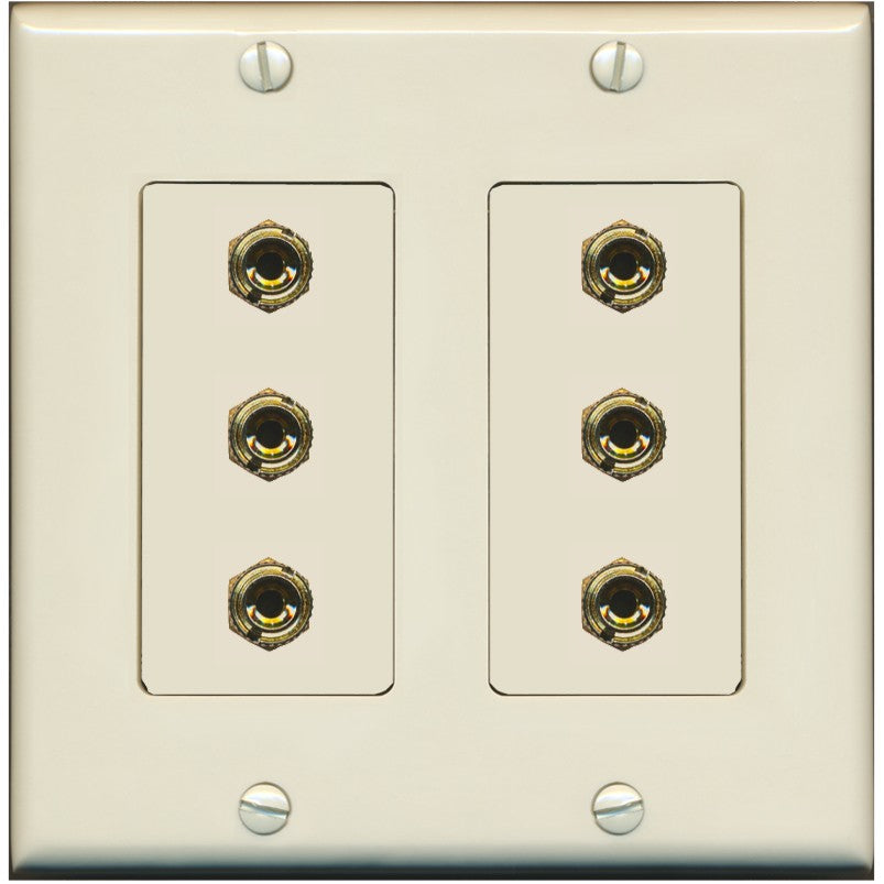 RiteAV 6 Banana 3 Speaker Surround Female Coupler Binding Post Wall Plate - 2 Gang [Light-Almond]