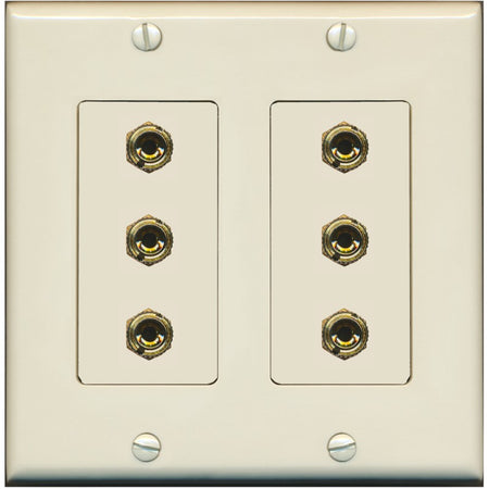 RiteAV 6 Banana 3 Speaker Surround Female Coupler Binding Post Wall Plate - 2 Gang [Light-Almond]