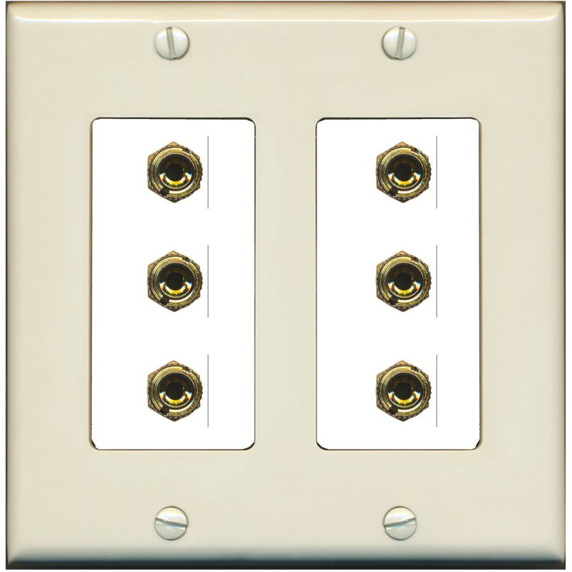 RiteAV 6 Banana 3 Speaker Surround Female Coupler Binding Post Wall Plate - 2 Gang [Light-Almond/White]