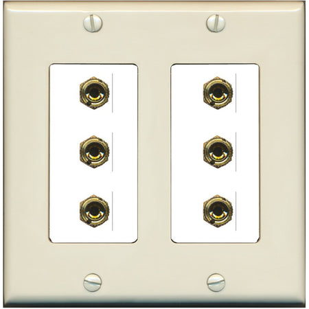 RiteAV 6 Banana 3 Speaker Surround Female Coupler Binding Post Wall Plate - 2 Gang [Light-Almond/White]