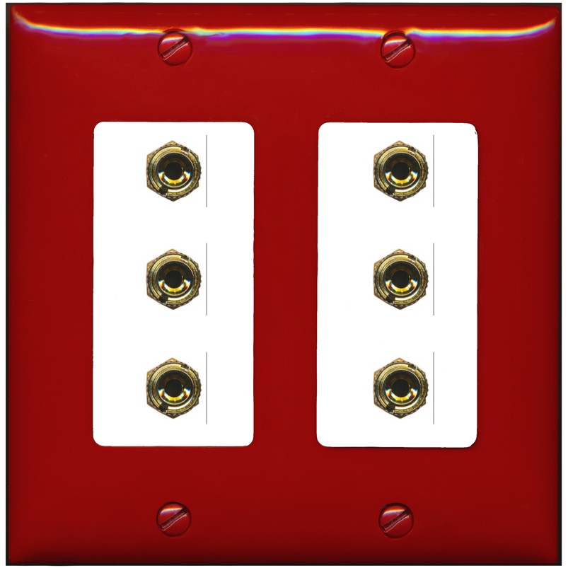 RiteAV 6 Banana 3 Speaker Surround Female Coupler Binding Post Wall Plate - 2 Gang [Red/White]