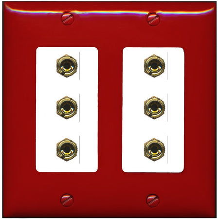 RiteAV 6 Banana 3 Speaker Surround Female Coupler Binding Post Wall Plate - 2 Gang [Red/White]
