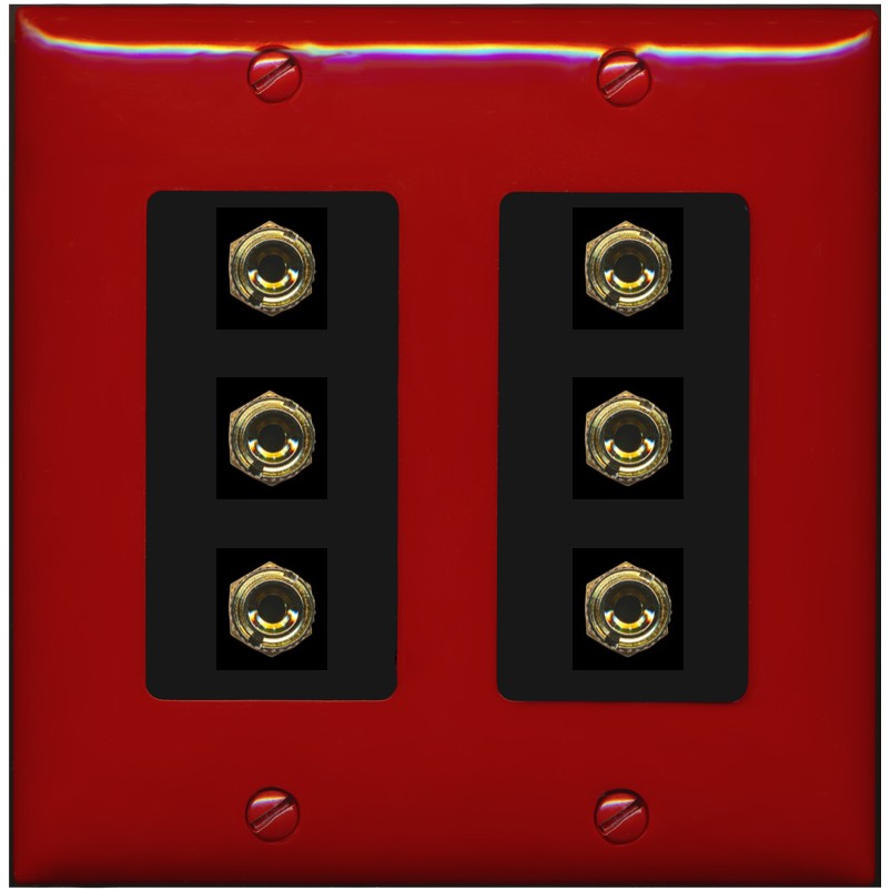 RiteAV 6 Banana 3 Speaker Surround Female Coupler Binding Post Wall Plate - 2 Gang [Red/Black]