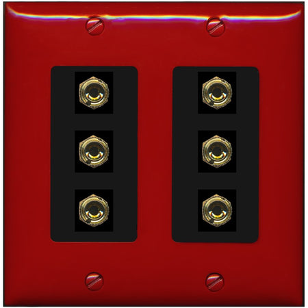 RiteAV 6 Banana 3 Speaker Surround Female Coupler Binding Post Wall Plate - 2 Gang [Red/Black]