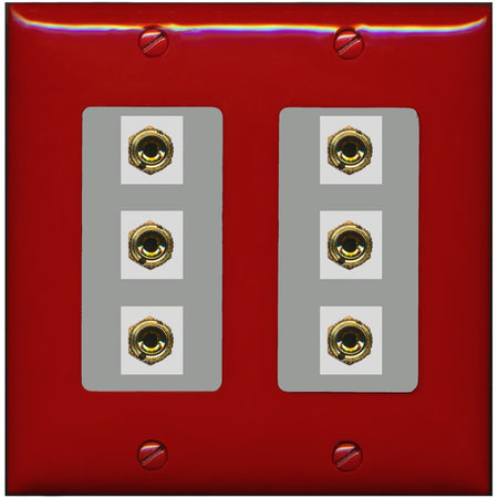 RiteAV 6 Banana 3 Speaker Surround Female Coupler Binding Post Wall Plate - 2 Gang [Red/Gray]