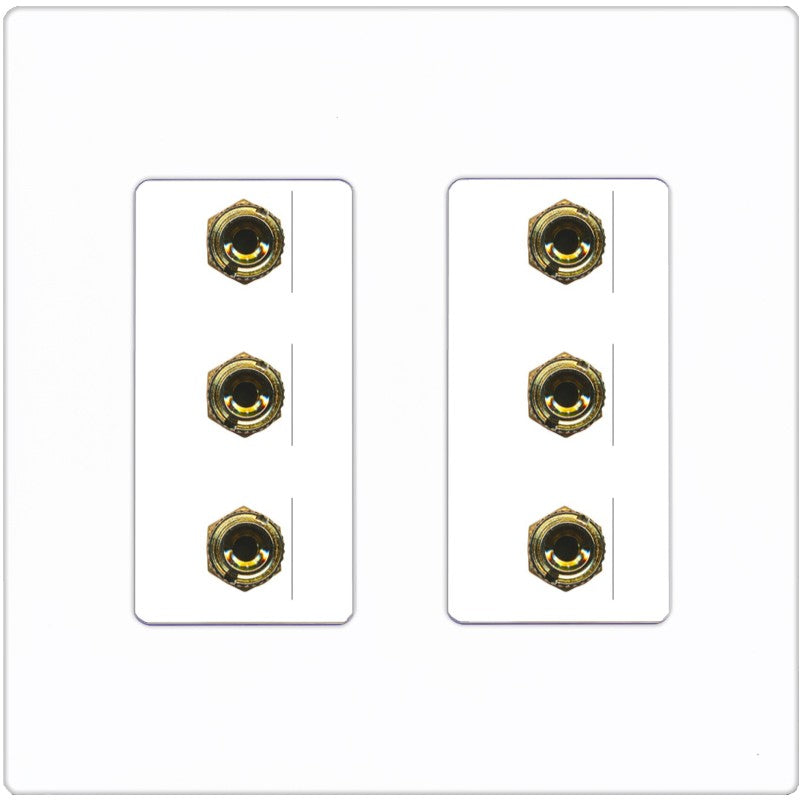 RiteAV 6 Banana 3 Speaker Surround Female Coupler Binding Post Wall Plate - 2 Gang [Screwless White]
