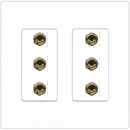 RiteAV 6 Banana 3 Speaker Surround Female Coupler Binding Post Wall Plate - 2 Gang [Screwless White]