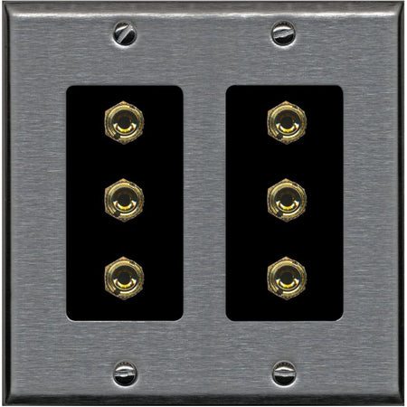 RiteAV 6 Banana 3 Speaker Surround Female Coupler Binding Post Wall Plate - 2 Gang [Stainless/Black]