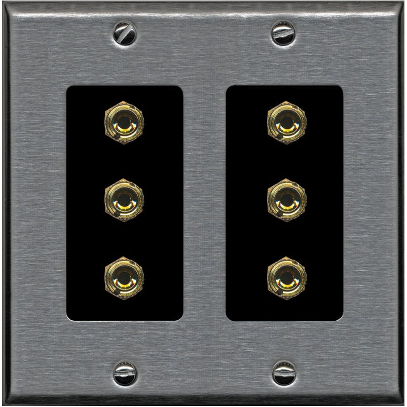 RiteAV 6 Banana 3 Speaker Surround Female Coupler Binding Post Wall Plate - 2 Gang [Stainless/Black]