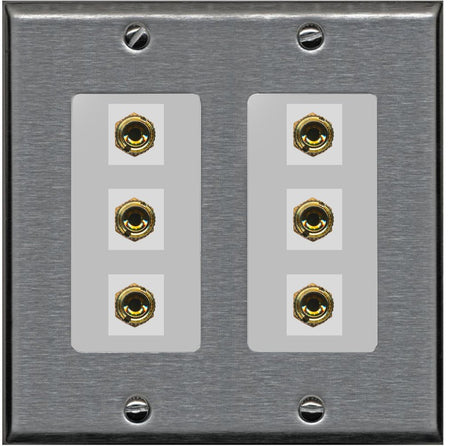 RiteAV 6 Banana 3 Speaker Surround Female Coupler Binding Post Wall Plate - 2 Gang [Stainless/Gray]