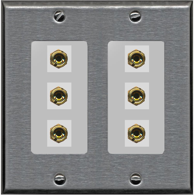 RiteAV 6 Banana 3 Speaker Surround Female Coupler Binding Post Wall Plate - 2 Gang [Stainless/Gray]