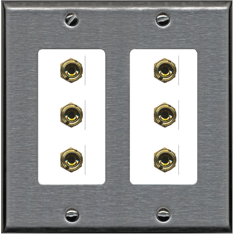 RiteAV 6 Banana 3 Speaker Surround Female Coupler Binding Post Wall Plate - 2 Gang [Stainless/White]