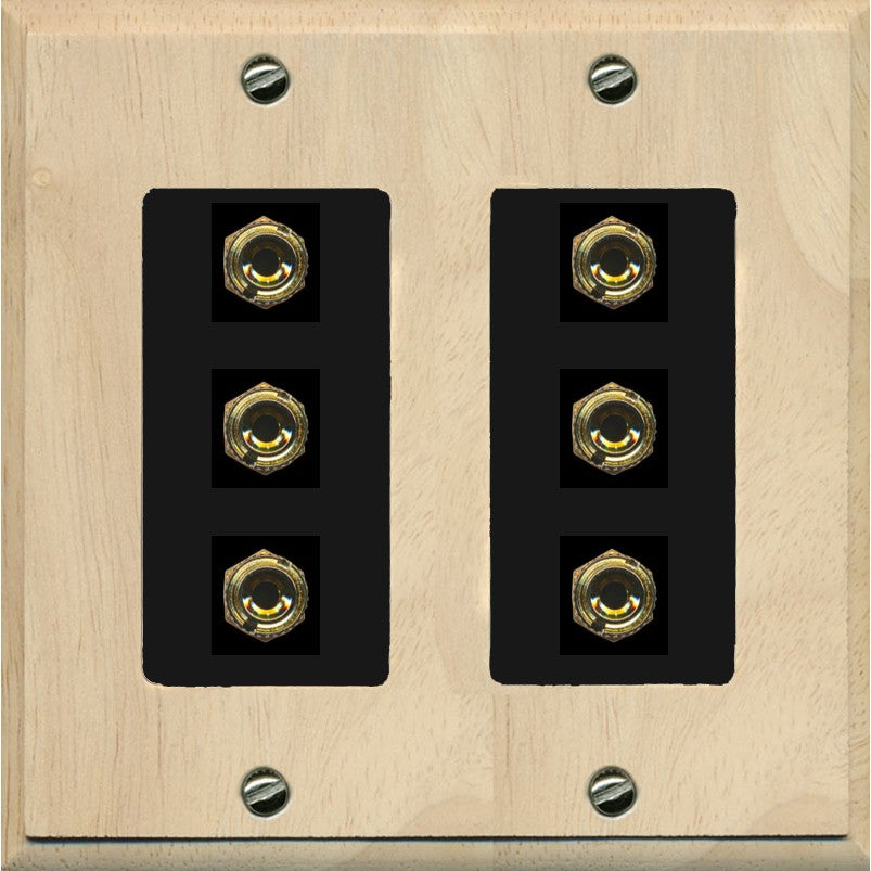 RiteAV 6 Banana 3 Speaker Surround Female Coupler Binding Post Wall Plate - 2 Gang [Wood/Black]