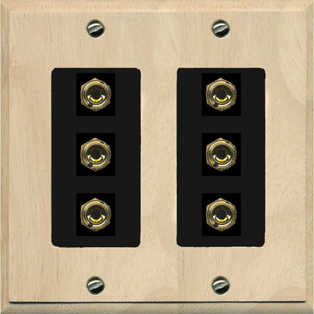 RiteAV 6 Banana 3 Speaker Surround Female Coupler Binding Post Wall Plate - 2 Gang [Wood/Black]