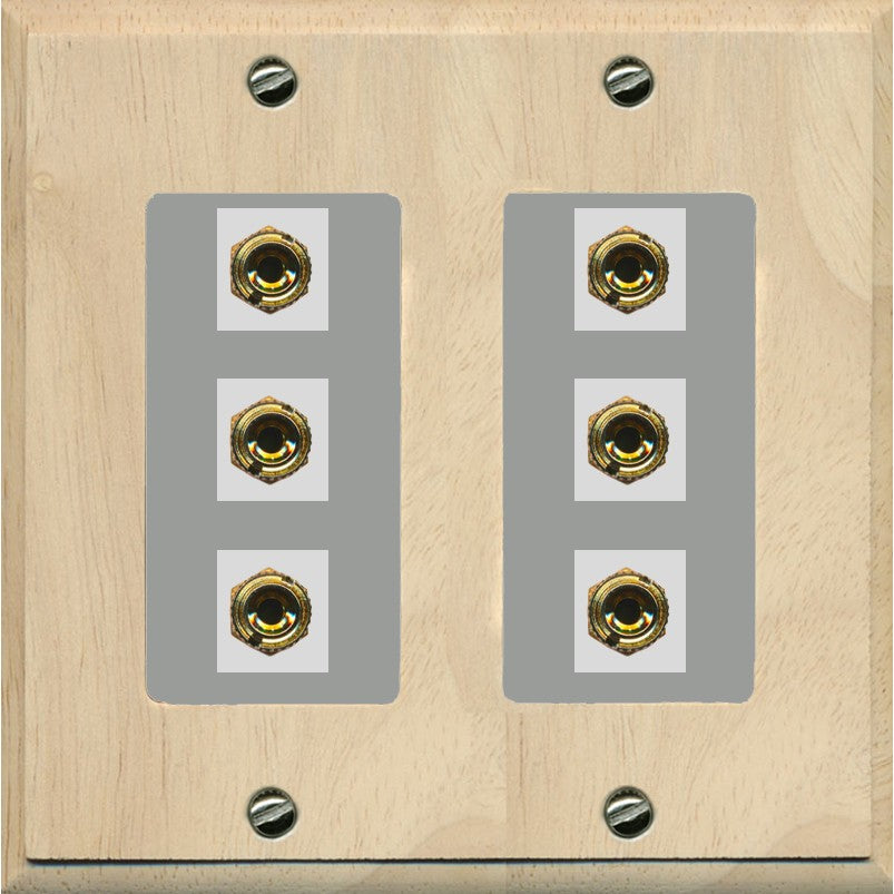 RiteAV 6 Banana 3 Speaker Surround Female Coupler Binding Post Wall Plate - 2 Gang [Wood/Gray]