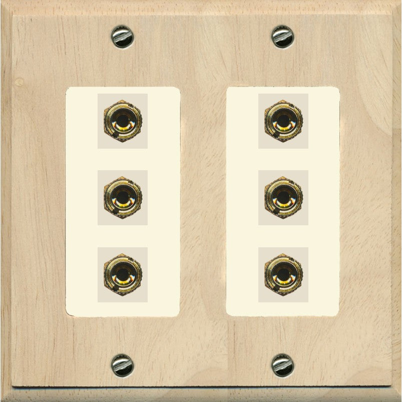RiteAV 6 Banana 3 Speaker Surround Female Coupler Binding Post Wall Plate - 2 Gang [Wood/Light-Almond]