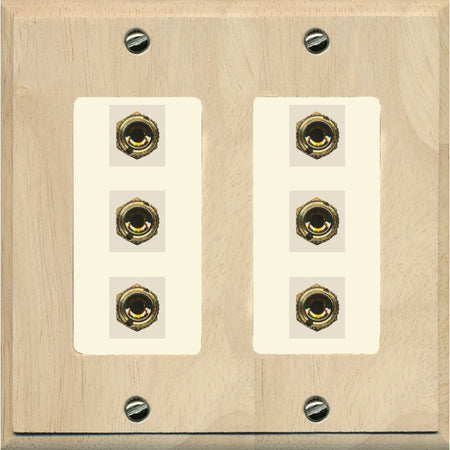 RiteAV 6 Banana 3 Speaker Surround Female Coupler Binding Post Wall Plate - 2 Gang [Wood/Light-Almond]