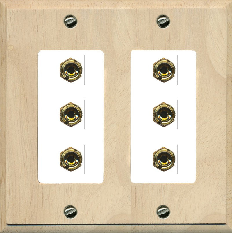 RiteAV 6 Banana 3 Speaker Surround Female Coupler Binding Post Wall Plate - 2 Gang [Wood/White]