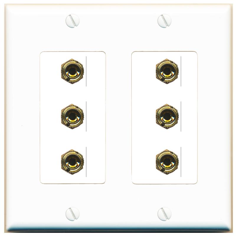 RiteAV 6 Banana 3 Speaker Surround Female Coupler Binding Post Wall Plate - 2 Gang [White]