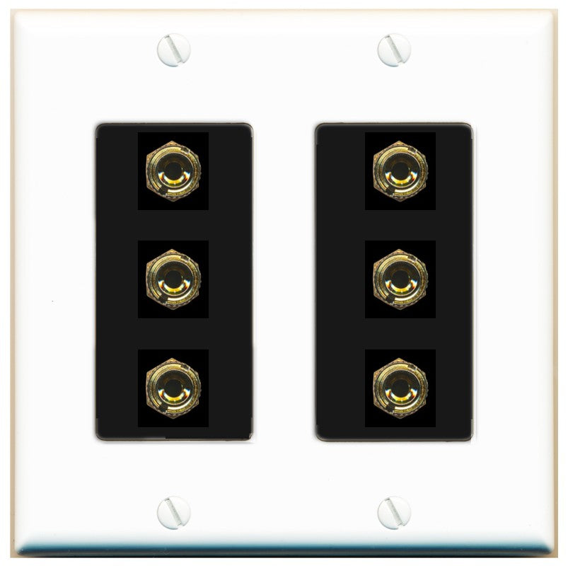 RiteAV 6 Banana 3 Speaker Surround Female Coupler Binding Post Wall Plate - 2 Gang [White/Black]