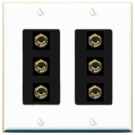 RiteAV 6 Banana 3 Speaker Surround Female Coupler Binding Post Wall Plate - 2 Gang [White/Black]