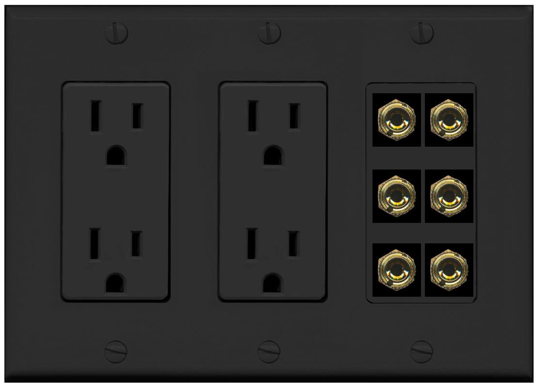 RiteAV 6 Banana 3 Speaker Surround Female Coupler Binding Post Wall Plate - 2 Outlet [Black/Black]